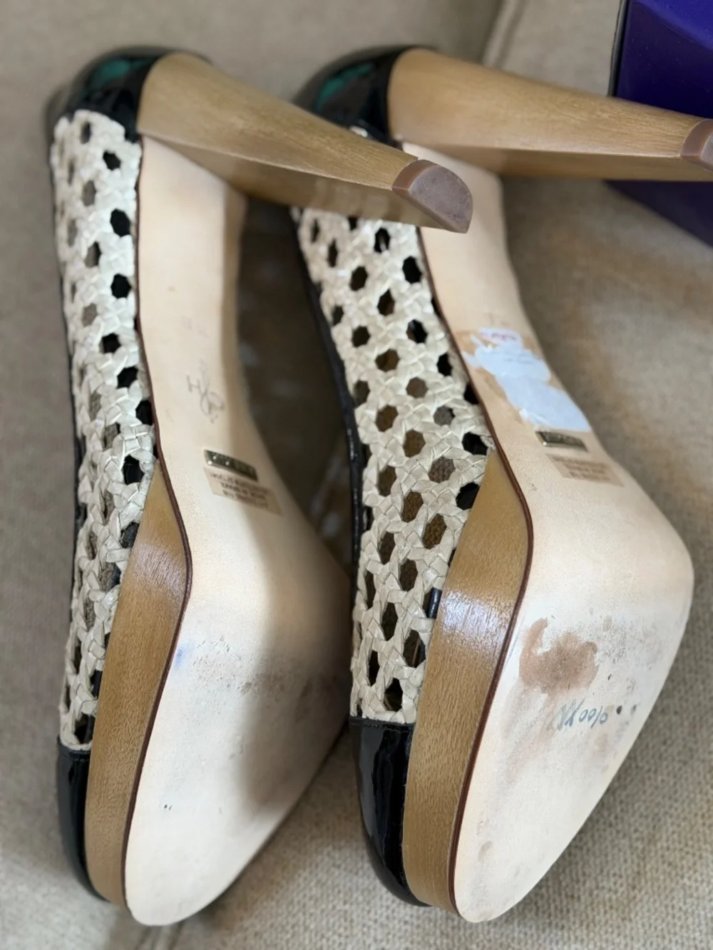 Cole Haan black patent leather woven platform heels
